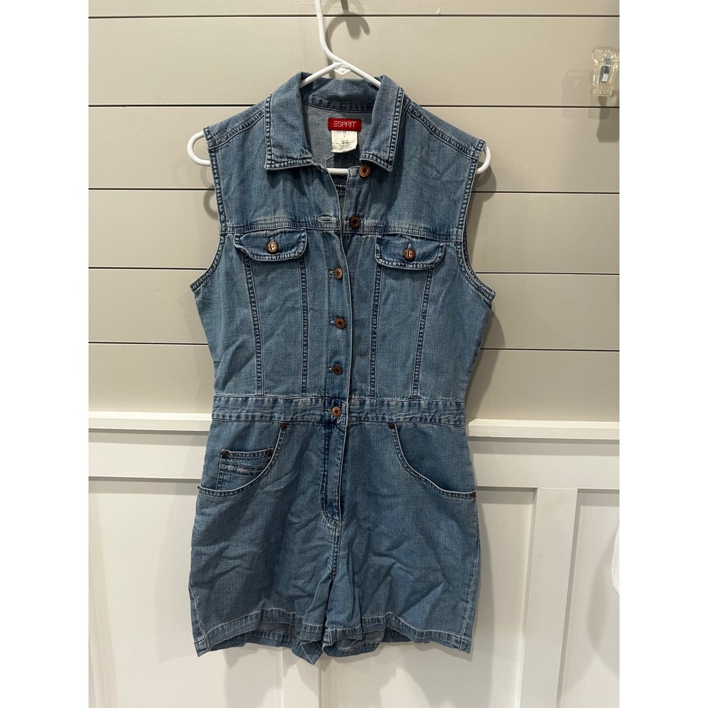 Vintage Esprit Denim Romper Blue Sleeveless Button Front Utility Jumpsuit Large